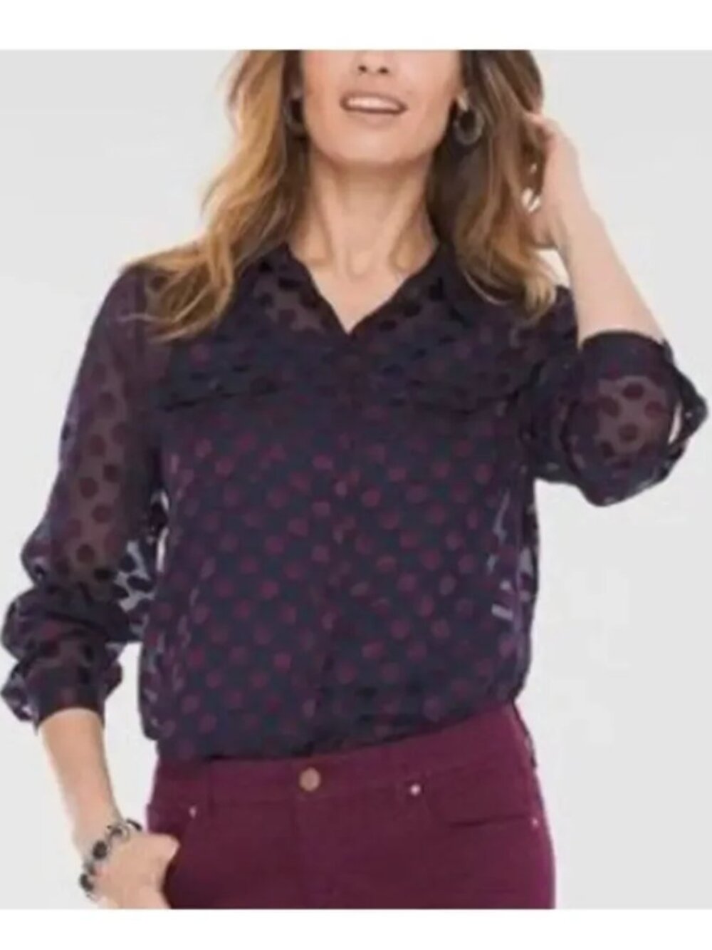 NWT Chico's Luxe Polka Dot Shirt Womens 1 Petite M Navy Sheer Blouse Button Up